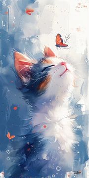 Katze in Aquarell mit Schmetterling und blauem Himmel von Gelissen Artworks