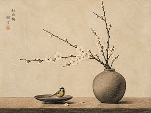 Nature morte paisible avec une mésange charbonnière et une branche en fleurs dans un vase en faïence