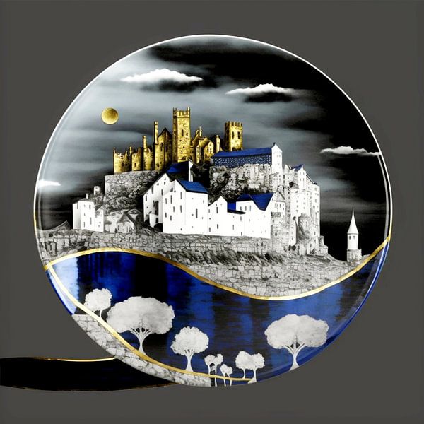 Miniature town plate porcelain houses wall castle trees by gm_designs