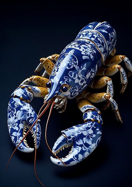 Kreeft in delfts blauw, blauwe achtergrond van Dunto Venaar