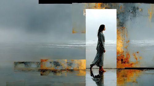 Vrouw loopt door surrealistische deur