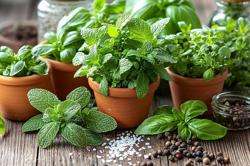 Herbes fraîches dans des pots en terre cuite par Art & Soul Creations