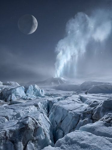 Une photographie hyperréaliste d'un paysage à la surface d'une exoplanète glacée