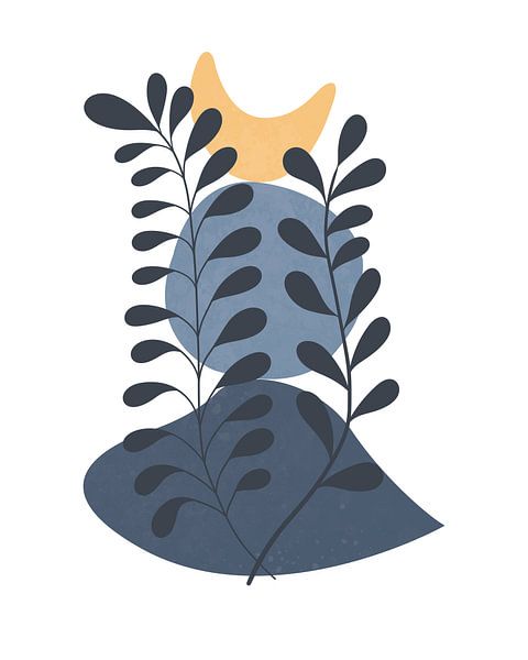 Minimalist landscape with two leafy plants and three shapes by Tanja Udelhofen