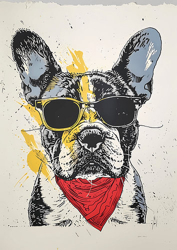 Coole Franse buldog met gele zonnebril en rode halsdoek – in popart-zeefdrukstijl