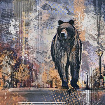 Bear in the city - mixed media by Emiel de Lange