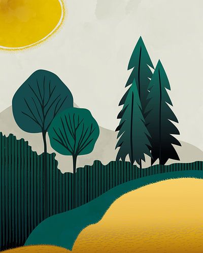 Vijf bomen in de gouden zon