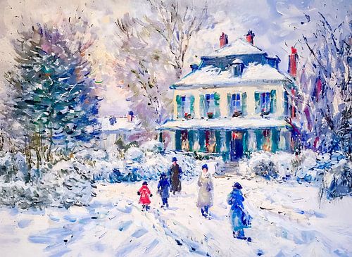 People and children in snowy garden winter scene