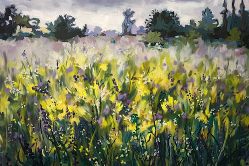 Weelderig bloemenveld in de mist