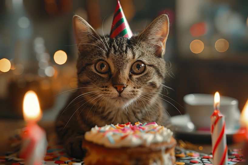 Lustige Katze Feiert Geburtstag mit Partyhut und Torte von Poster Art Shop