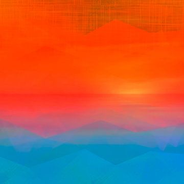 Zonsopgang over de zee een moderne pop art expressionist in oranje en geel van FRESH Fine Art