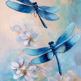 Blue dragonflies amongst delicate flowers by But First Framing