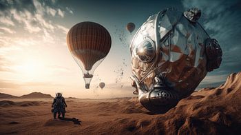 Glänzende Roboter in einer fremden Landschaft