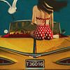 Art Painting in a Retro Style of a Girl and a Classic Car by Jan Keteleer