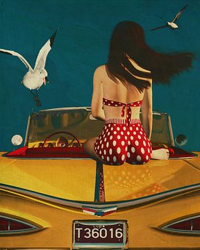 Kunstschilderij in een Retro stijl van een meisje en een klassieke auto van Jan Keteleer