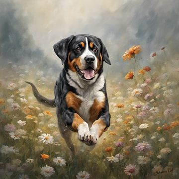 Grote Zwitserse Sennenhond speelt in een bloemenveld van Johanna's Art