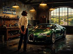 Bugatti Veyron verte dans un garage vintage