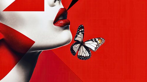 Vrouw met rode lippenstift en vlinder
