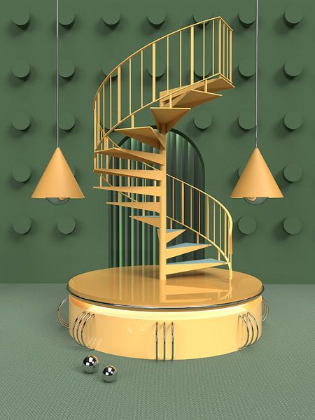3D Abstract Green Yellow Spiral Stairs by shoott photography