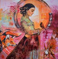 red, woman and animals