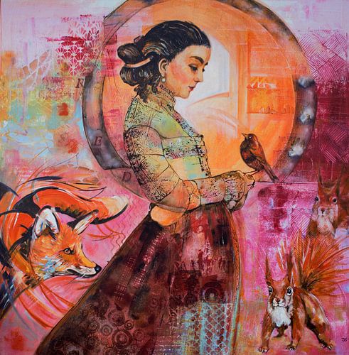 red, woman and animals by Janny Schilderink......Atelier "de Tuute "