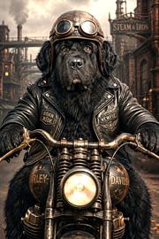 „The Gentle Rebel“, ein Steampunk-Neufundländer auf der Harley