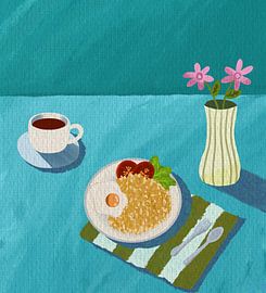 Riz frit avec une tasse de café