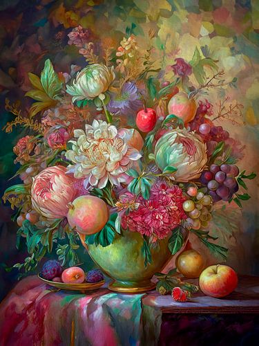 Victoriaans Stilleven boeket met bloemen en fruit