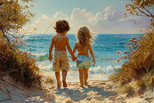 twee kinderen op het strand kijken richting de zee