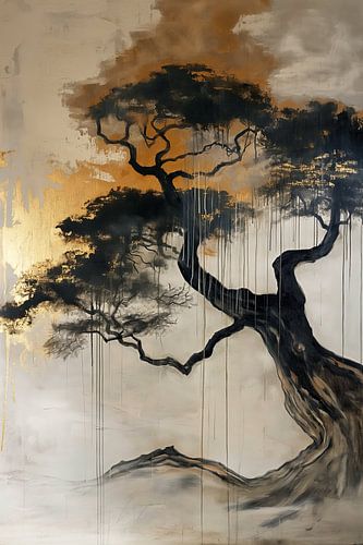 Japandi - Scherenschnitt Baum goldene Sonne 2