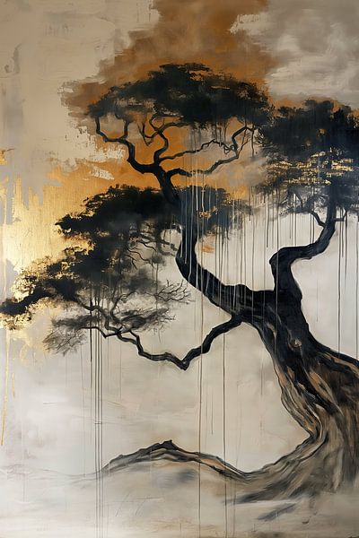 Japandi - Silhouette arbre soleil doré 2 par Marianne Ottemann - OTTI