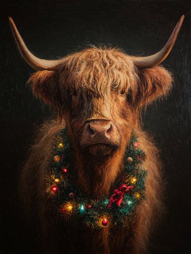 Highlander écossais avec couronne de Noël et lumières dans un style de peinture réaliste et chaleureux