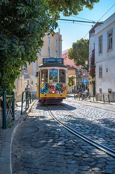 Streetcar in the old part of Lisbon, Portugal. by Christa Stroo photography