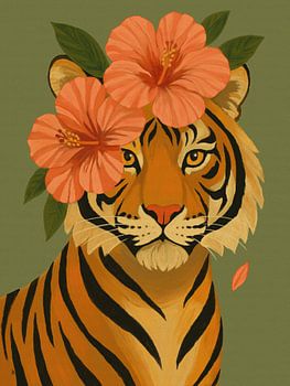 Modern Exotic Tiger: Portrait with Orange Hibiscus