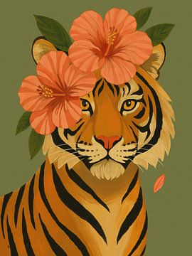 Moderne Exotische Tijger: Portret met Oranje Hibiscus