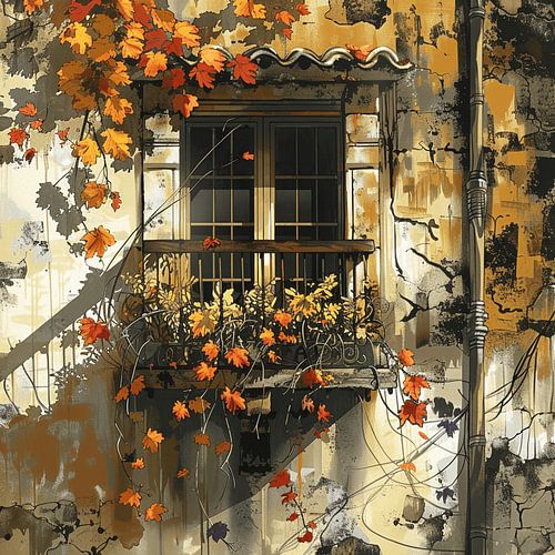 Stad herfst balkon esdoorn bladeren romantiek nostalgie