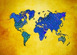 world map art blue yellow #map #worldmap by JBJart Justyna Jaszke