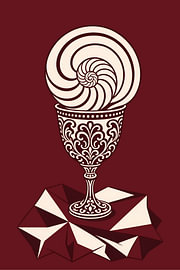 Nautilus-Becher auf burgunderrotem Hintergrund, Muschelporträt von Studio Pronk.