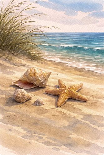 „Flüstern der Küste – Seesterne und Muscheln an einem ruhigen Sommerstrand“