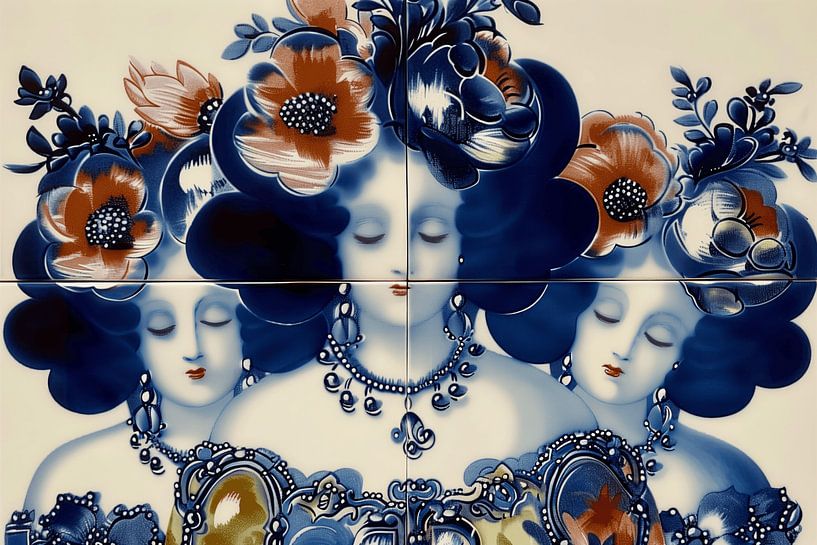 Dutch tile picture with 3 ladies by Ton Kuijpers