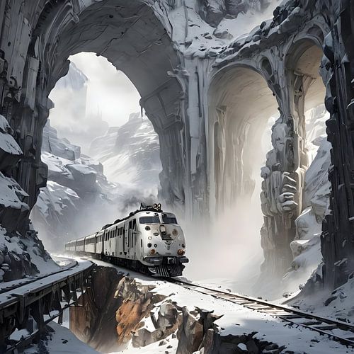 Witte dieseltrein rijdt door een besneeuwde rotspoort