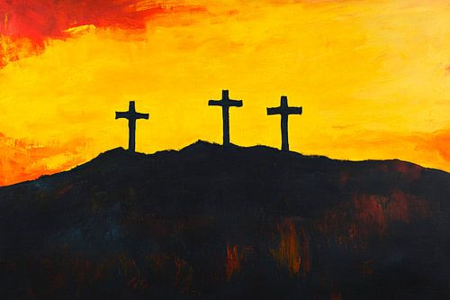 Trois croix devant un coucher de soleil radieux