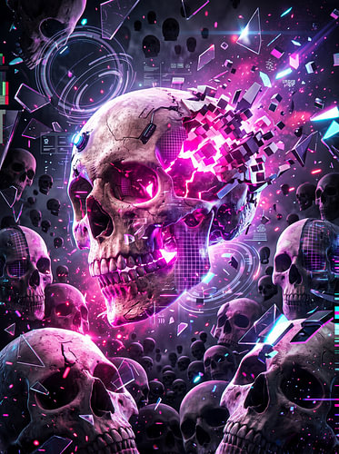 Digitaler Glitch, zerschmetterter Schädel, Magenta, Cyberpunk, Neon, düstere Science-Fiction, Grafikdesign