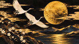 Japan Golden Moon Flying Cranes by my pixel art