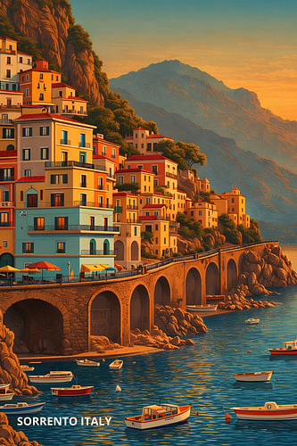 Vintage Travel Sunset Serenity Over Sorrento Coastal Cliffs