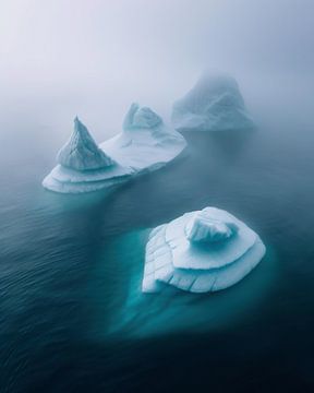 IJsbergen drijvend in zee van fernlichtsicht