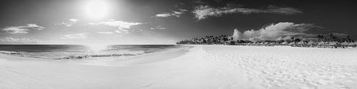 Strand op het eiland Aruba in het Caribisch gebied. Zwart-wit beeld.