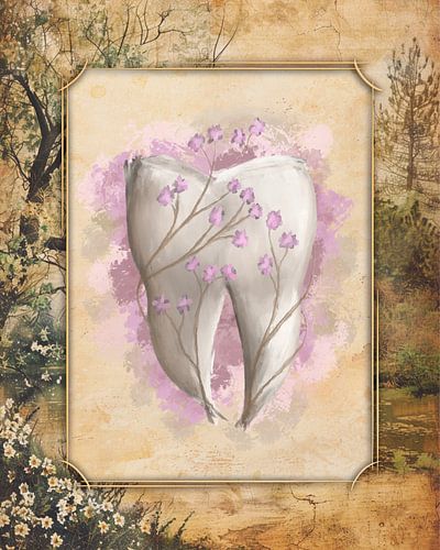 Tand & Bloemen. Surrealistisch schilderij. Vintage achtergrond.