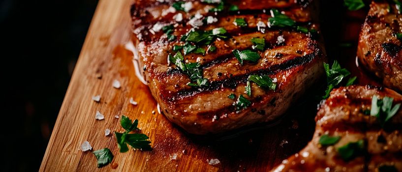 Gegrilltes Fleischgericht auf Holzbrett von Poster Art Shop