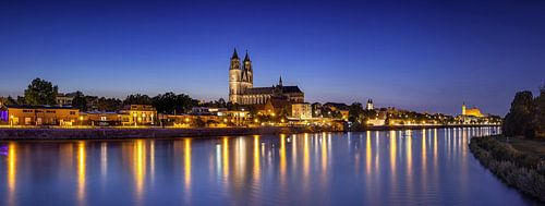 Magdeburg skyline panorama at blue hour